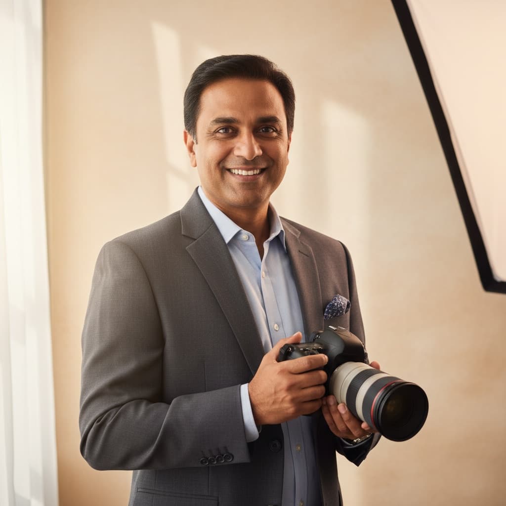 Rajesh Sharma, founder of Rajesh Digital Studio in Pune, holding a camera